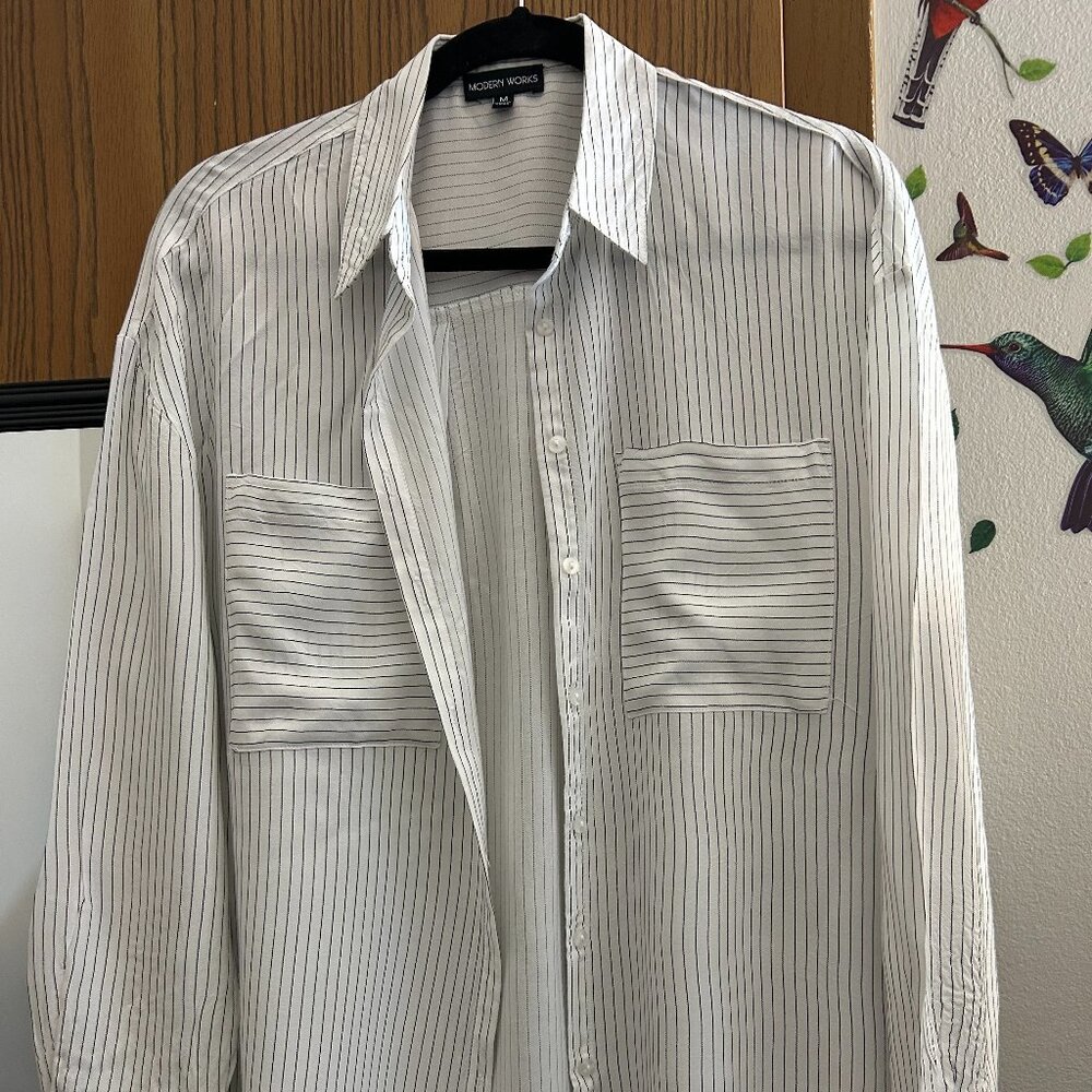 Modern Works Striped Button-Down Shirt | Chic Workwear Essential | Medium